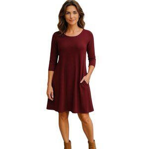 YELETE A-line Flowy Dress Pockets 3/4 Sleeves Burgundy Dark Red Boatneck MEDIUM